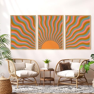 70s Set of 3 Wall Art, Sun Wall Art, 70s Decor, Vintage Home