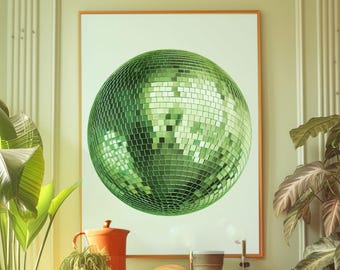 Impressão de bola de espelho verde: arte de parede de bola de discoteca retrô (download digital)