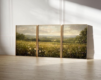 3-delige print muurkunst set, landschap muurkunst wilde bloemen veld olieverfschilderij grote muur kunst print, landschap muur decor vintage kunst