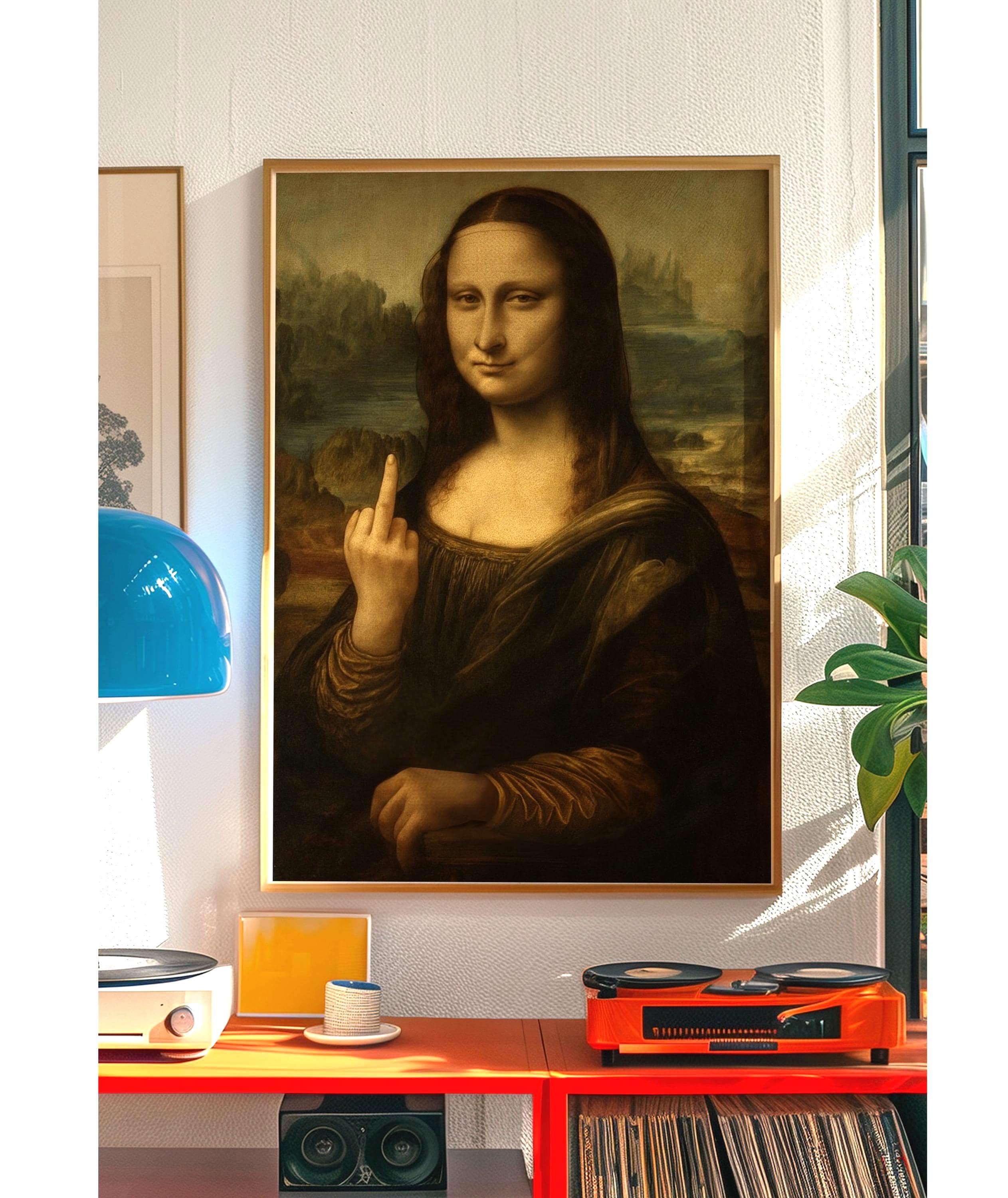 面白いモナリザの中指アートプリント：折衷的な壁飾り - Etsy 日本