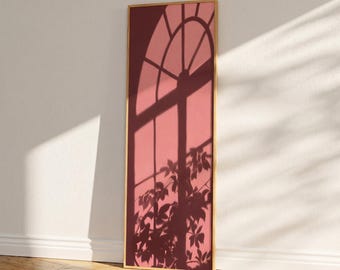 Pink Window Shadow Art Print, Tall Vertical Wall Art, Minimalist Botanical Silhouette Poster, Narrow Framed Decor