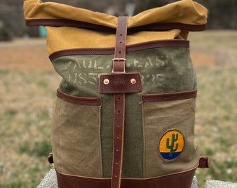 Waxed canvas roll top bag