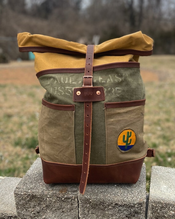 Upcycled Vintage-Inspired Roll Top Military Canvas Backpack Large Roll Top Backpack - Military Canvas Bag - Recycled  main image 3
