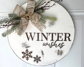 Winter Wishes Door Hanger Winter Sign Front Door Winter Wreath Holiday Door Decor 3D Christmas Front Door Sign Winter Door Decor