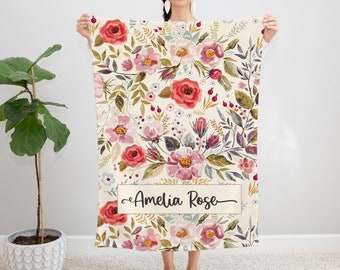 Personalized baby blanket girl, Baby name blanket, Floral baby blanket, Soft Floral Rose Blanket, Personalized Baby Shower Gift, Pink floral