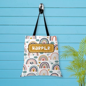 Personalized Kids Tote Bag, Personalized Tote Bags, Library Tote, Tote Personalized With Name, Custom Tote, Boho Rainbow, library book bag