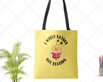 Personalized "Bee Reading" Library Tote Bag, Custom Bookworm Gift