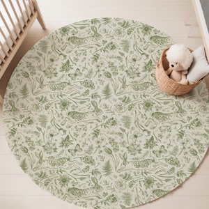 Rabbits Woodland Round Rug, Green Forest nursery decor, Woodland Rug, Kids room rug boy, Nature Fairy forest nursery rug,Boho Gender Neutral