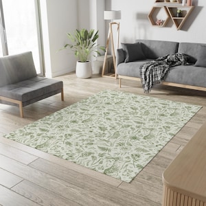 Woodland Rabbit area rug, Nursery Forest Rug, Kids room rug boy girl, Boho Gender Neutral, Green Toile Botanical Rug, Cottagecore room decor