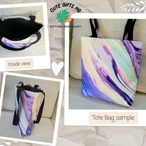 May include: A tote bag with a purple, blue and yellow marbled design. The bag has black handles and a white lining. The text "Cute Gifts HQ" and "Gifting Made Easy" is printed on the bag. The bag is shown in three different views: inside, outside, and a close-up of the fabric.