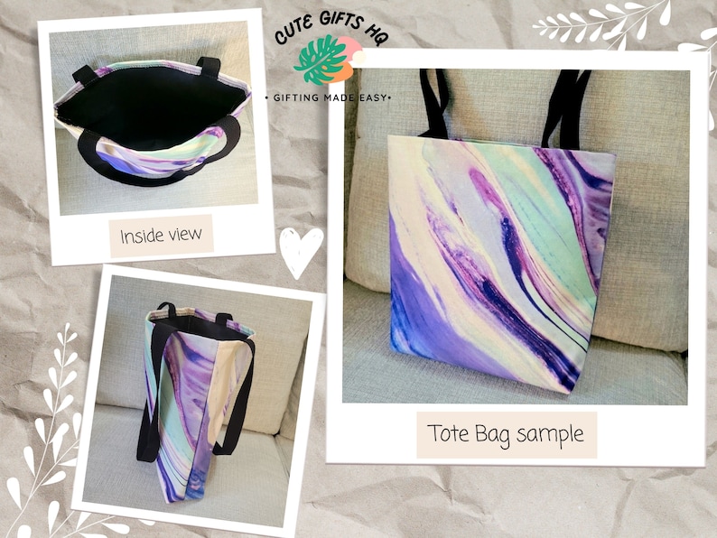 May include: A tote bag with a purple, blue and yellow marbled design. The bag has black handles and a white lining. The text "Cute Gifts HQ" and "Gifting Made Easy" is printed on the bag. The bag is shown in three different views: inside, outside, and a close-up of the fabric.