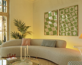 Lámina artística de flores a cuadros verde salvia: Damero ondulado (descarga digital)