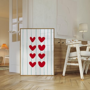 Love Heart Print, Trendy Printable Poster, Red Hearts Wall Art, Striped Art Print, Funky Room Decor, Girly College Dorm Poster, Digital Art