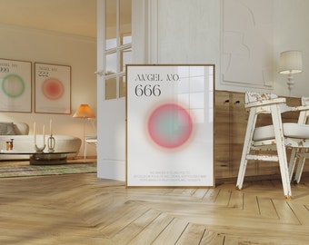 May include: A framed poster with a pink and blue circle in the center and the text "ANGEL NO. 666" at the top. The text below the circle reads "The universe is telling you to refocus on your life and dreams. Keep yourself away from unhealty relationships and thoughts."