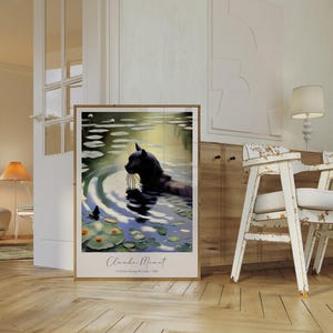 Monet Waterlily Cat Print, Black Cat Poster Wall Art, Claude Monet Art Decor, Printable Poster, Home Decor, Black Cat Art, Digital Download