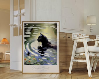 Lámina artística de Monet: Nenúfar y Gato Negro: Decoración única para el hogar (Descarga digital)