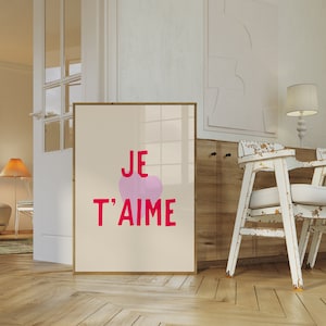 Je T'aime plakat, minimalistyczny plakat serca, francuska sztuka ścienna, plakat walentynkowy, plakat maksymalistyczny, francuski cytat miłosny, estetyczny wydruk artystyczny