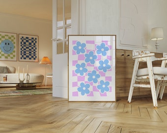 Flower Checkered Print: Retro Mid Century Modern Art (Instant Download)