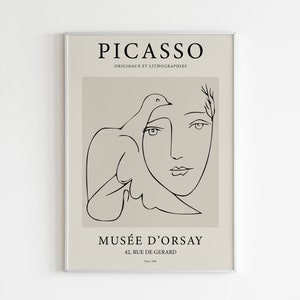 Pablo Picasso Print, Picasso Woman Head Dove Print, Printable Wall Art, Monochrome Exhibition Art, Minimalist Poster, Digital Download