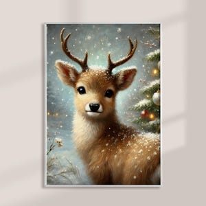 Impressão de rena de Natal, arte de parede de Natal de inverno, pôster grande vintage para impressão, decoração de feriado cottagecore, impressão de Natal, download digital