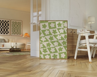 Estampado de flores a cuadros verdes: Arte de pared retro ondulado (Descarga digital)