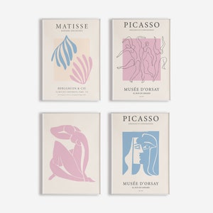 Zestaw ścienny do galerii, Matisse Picasso zestaw 4, różowo-niebieski, sztuka do druku retro, sztuka abstrakcyjna, plakat wystawowy, pobieranie cyfrowe