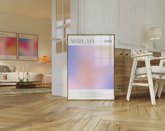 May include: A framed poster with a gradient background of pink, purple, and blue. The poster has the text "ANGEL NO. 444" and a quote about angels supporting you.