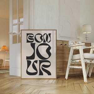 Bonjour-print: trippy retro-typografie, moderne muurkunst (digitale download)