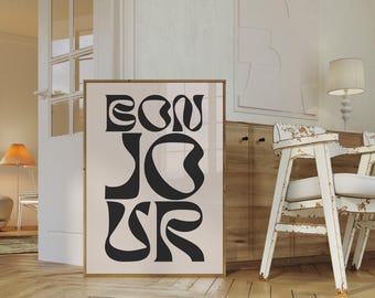Bonjour Print: Trippy Retro Typography, Modern Wall Art (Digital Download)
