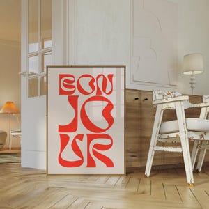 Print Franse quote Bonjour: modern muurdecor uit het midden van de eeuw (digitale poster)