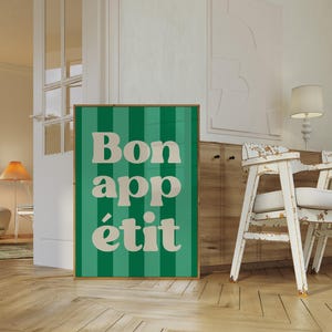 Stampa "Bon Appetit", stampa tipografica verde, poster da parete alla moda, decorazione da parete per la cucina, decorazione estetica per la cucina, decorazione da sala da pranzo, arte murale