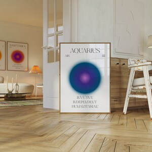 Impresión del zodíaco de Acuario, póster degradado, póster de afirmación, impresión del aura del zodíaco, decoración de pared retro, arte de pared espiritual, arte astrológico del signo del zodíaco