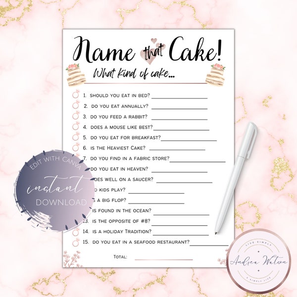 Bridal Shower Games, Name That Cake, Bridal Shower Game, Instant Download, Wedding Shower Games, Rose Gold, Elegant Bridal Shower, Romantic