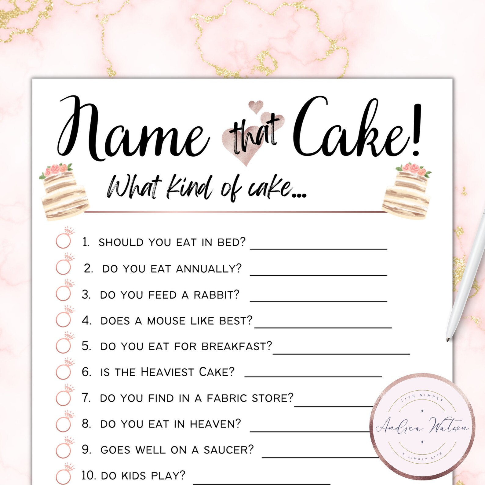 Bridal Shower Games, Name That Cake, Bridal Shower Game, Instant