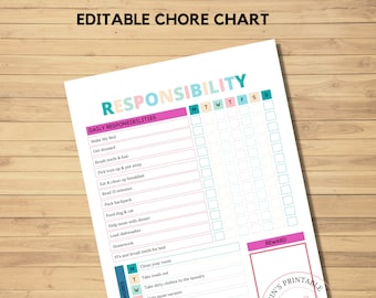 Responsibility Chore Chart for Kids, Fully Editable Daily Weekly Routine, Instant Download, Printable Kid Chore Charts, Kids Reward chart A1