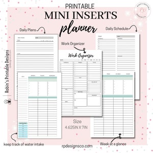 May include: Printable planner inserts featuring a daily schedule, daily plans, work organiser, and a weekly at a glance page. The pages are black and white with a light blue accent colour. The planner measures 4.625 inches by 7 inches.