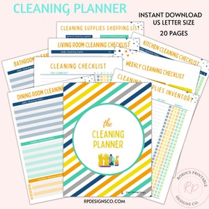 May include: A printable cleaning planner with a yellow, orange, blue, and green striped cover. The cover has a circle with the text "the CLEANING PLANNER" and an illustration of cleaning supplies. The planner includes checklists for different rooms, a cleaning supplies inventory, and a weekly cleaning checklist. The planner is available for instant download in US letter size and includes 20 pages.