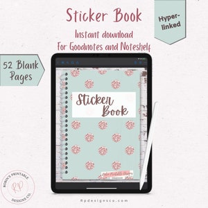 May include: A digital planner for Goodnotes and Noteshelf with a teal cover and pink glitter polka dots. The cover says "Sticker Book" and has 52 blank pages.