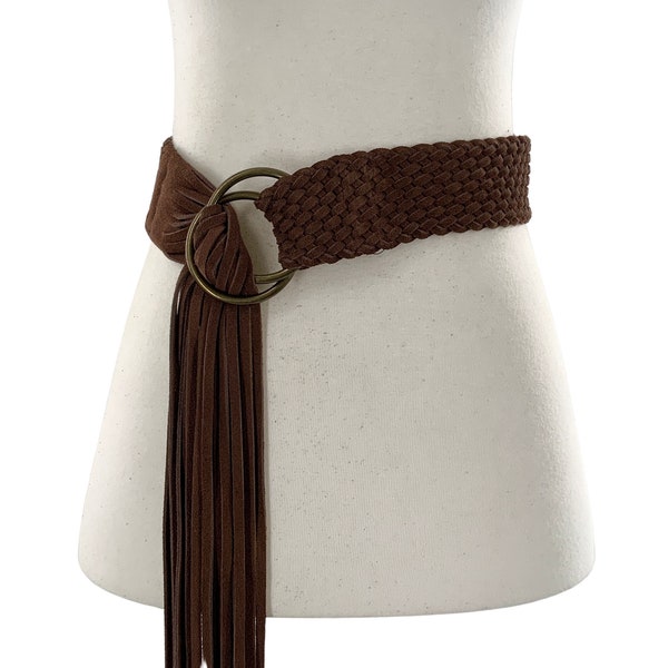 2" (50mm) Wide Braided Woven Tassel Double Circle Knot Ring Fold Buckle Soft Thick Soft Suede Leather Flexible High Waist Boho Concho Belt