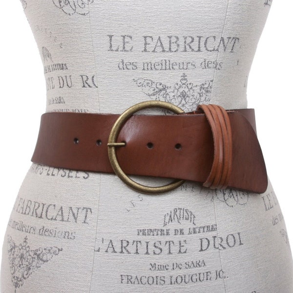 Ceinture pour femme 3" de large taille haute solide en cuir de vachette vintage doux et vintage en cuir pleine fleur concho bohème ceinture ronde durable