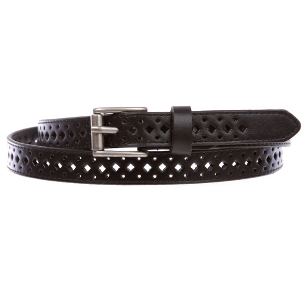 Women's 3/4" (17 mm) Wide Solid Cowhide Full Grain Leather Perforated Skinny Hollow Out High Low Waist Flexible Adjustable Boho Concho Belt