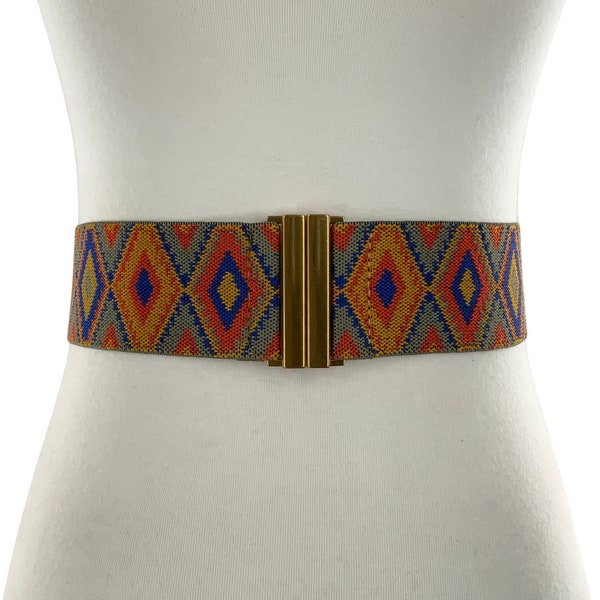 Women's 2 1/4" Wide Western Floral Bohemia High Waist Stretch Antique Brass Quality Elastic Colorful Boho Concho Non Leather Belt Waistband