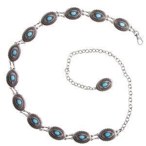 7/8"-1 1/8" Women's Adjustable Skinny Western Round Oval Turquoise Stone Blue Antique Silver Boho Concho High Low Waist Link Chain Belt