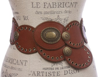 3 1/4" Wide High Low Waist Oval Disc Western Cowboy Cowgirl Boho Concho Vintage Leather Disk Link Fashion Belt