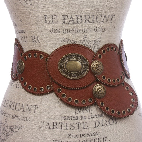 3 1/4" Wide High Low Waist Oval Disc Western Cowboy Cowgirl Boho Concho Vintage Leather Disk Link Fashion Belt