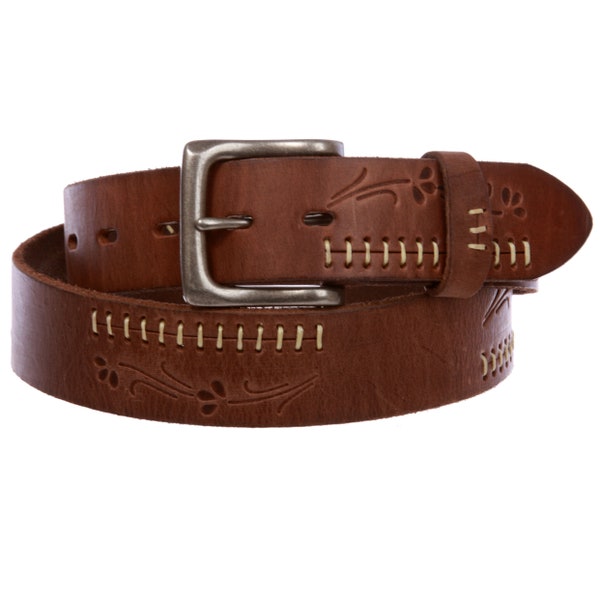 1 1/2" (38mm) Wide Western Floral Engraving Perforated Stitching Snap On Vintage Cowhide Full Grain Soft Leather Durable Belt