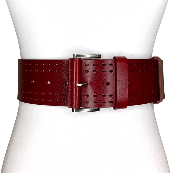 2 1/4"-2 3/4" Wide High Low Waist Hollow Out Vintage Adjustable Rectangular Boho Concho Soft Oil-Tanned Cowhide full Grain Leather Belt