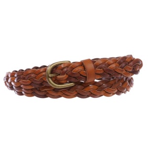 Women's 7/8"(21mm) Wide Braided Woven Skinny Two Tone 3D Style Cowhide Top Full Grain Solid Vintage Leather High Low Waist Boho Concho Belt