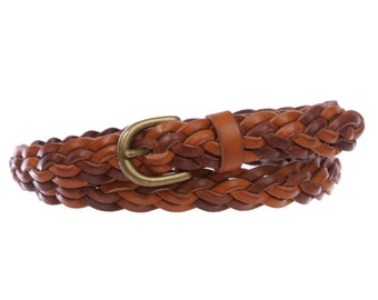 Women's 7/8"(21mm) Wide Braided Woven Skinny Two Tone 3D Style Cowhide Top Full Grain Solid Vintage Leather High Low Waist Boho Concho Belt