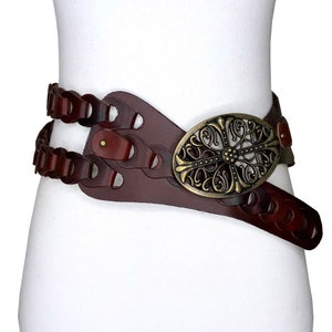 3 1/2" Wide Women's Soft Cowhide Solid Leather Disc Link Braided Western Floral Vintage Oval Double Strap High Low Waist Boho Concho Belt